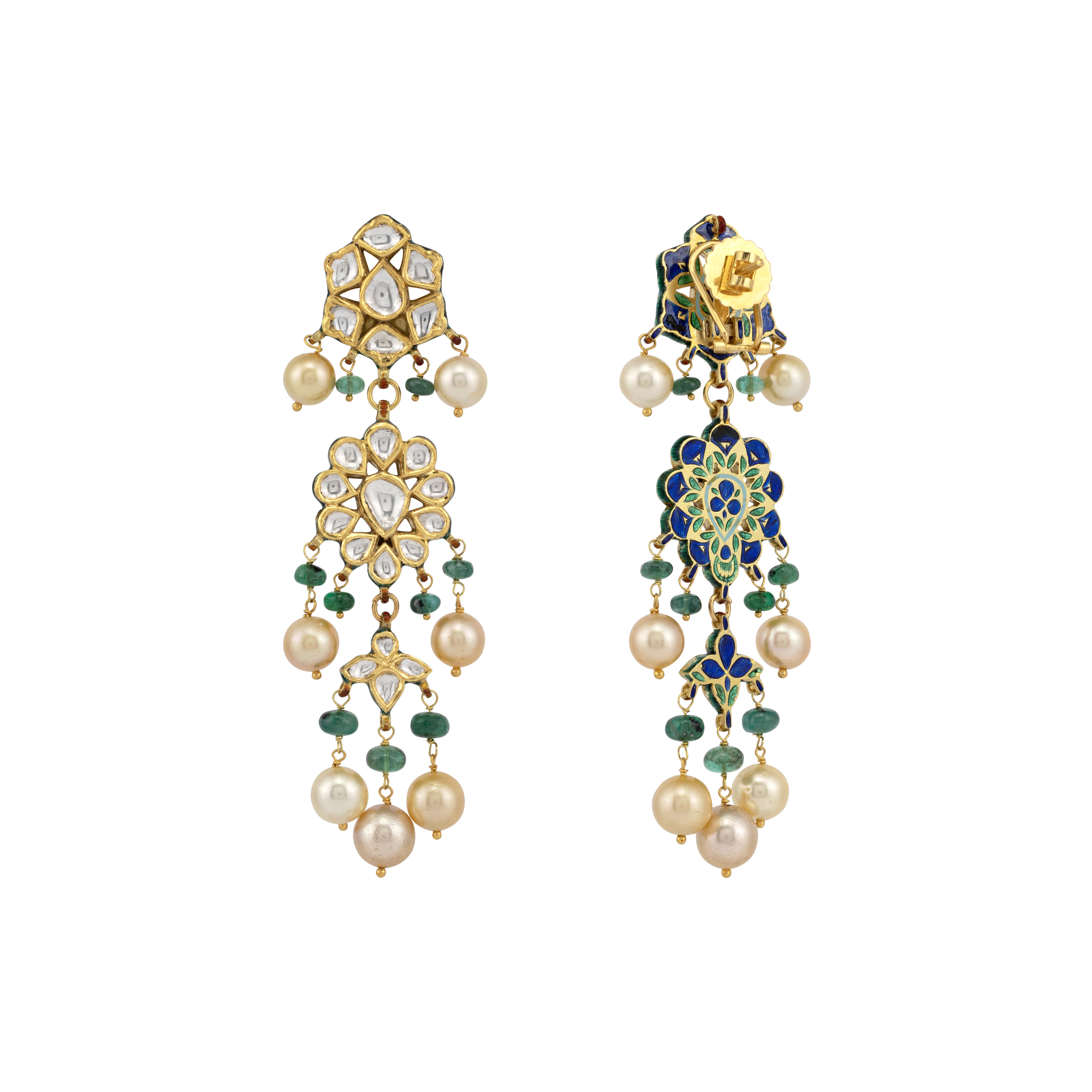 Polki Drop Earrings with Pearls and Emerald Beads